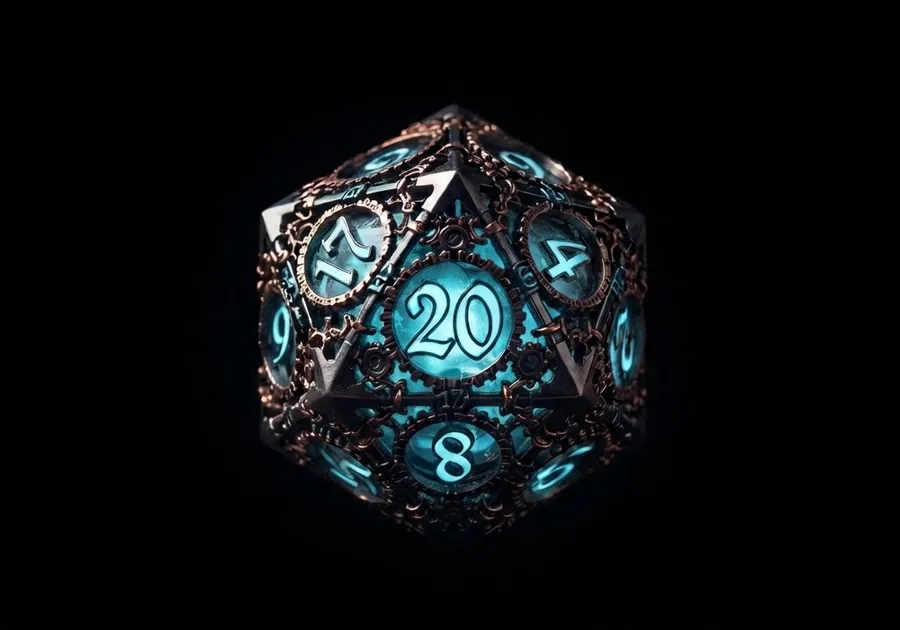 A glowing copper and cyan twenty-sided die with the 20 face turned toward the viewer